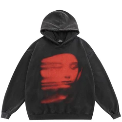 2024 Oversize Hoodie Sweatshirt Women Men Streetwear Face Ghost Shadow Graphic Harajuku Retro Washed Black Hooded Pullover Y2K