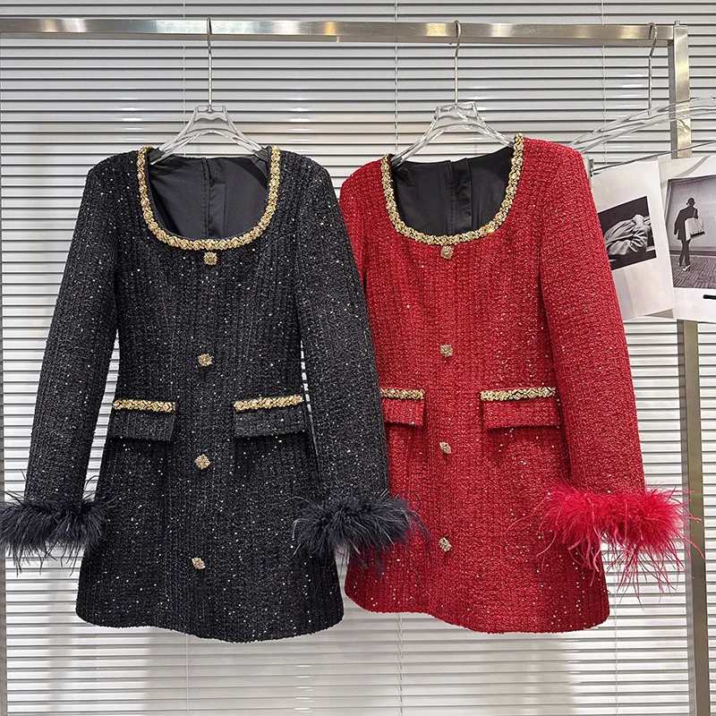 

2025 winter new high-end socialite gold rhinestone nail bead edge waist cinching tweed commute temperament dress for women