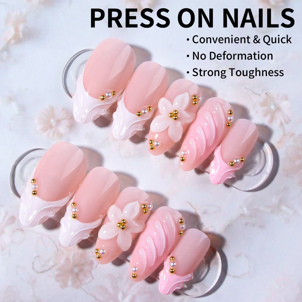 24개 세트 롱 아몬드 플라워 핑크와 화이트 프렌치 프레스온 네일 팁 프렌치 아크릴 가짜 손톱, 3D 젤로 스타일을 업그레이드하세요