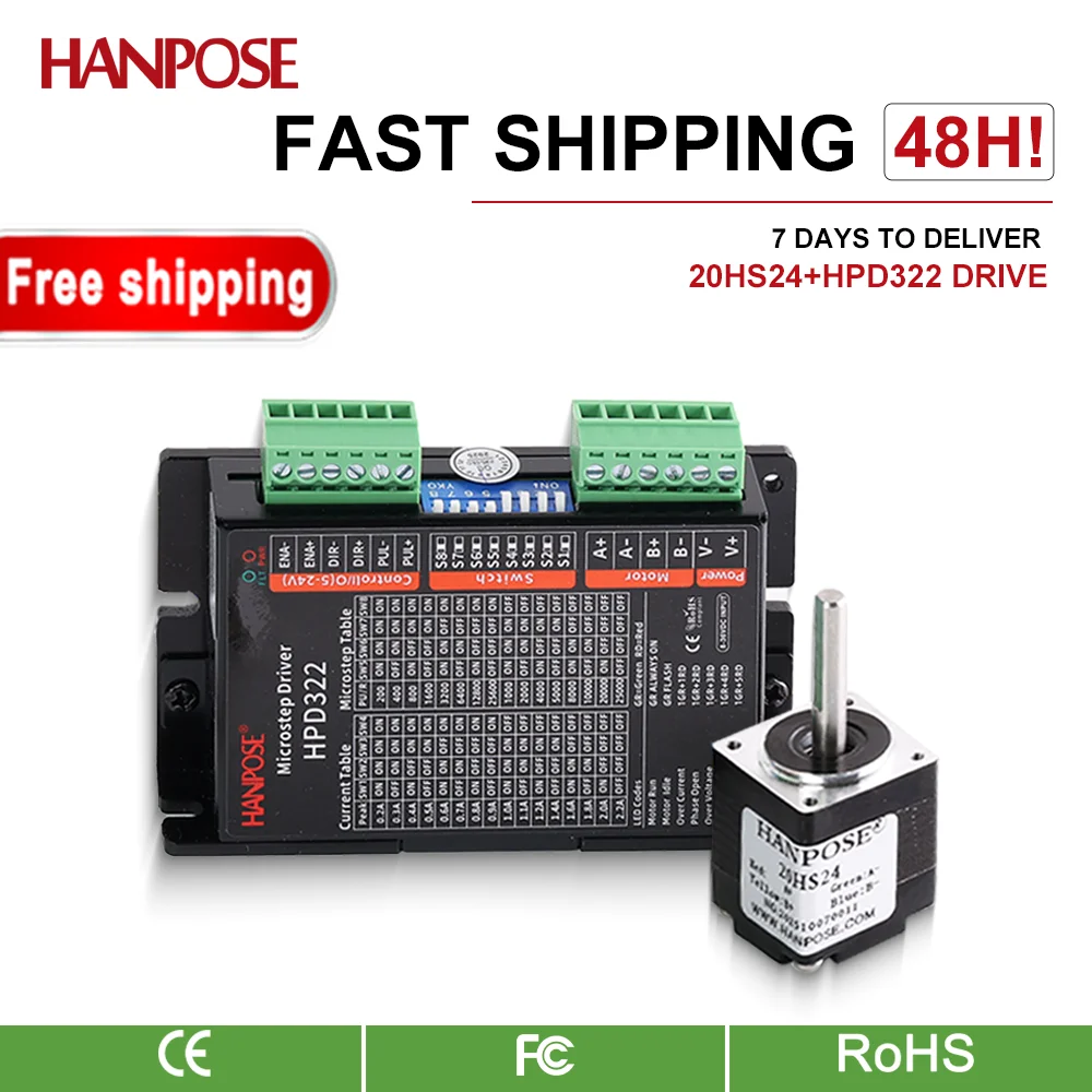 hanpose  2 Phase 4 Lead 1.8 Degree 70N.CM 20HS24 Driver HPD322 For CNC Laser Engraver 3D Printer Nema17 Hybrid Stepper Motor