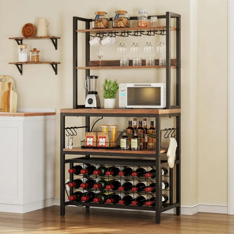 Kitchen Microwave Bakers Stand Wine Rack, Coffee Bar Storage,Wine Rack Freestanding Floor Tall Farmhouse Shelf Dining Room Hutch