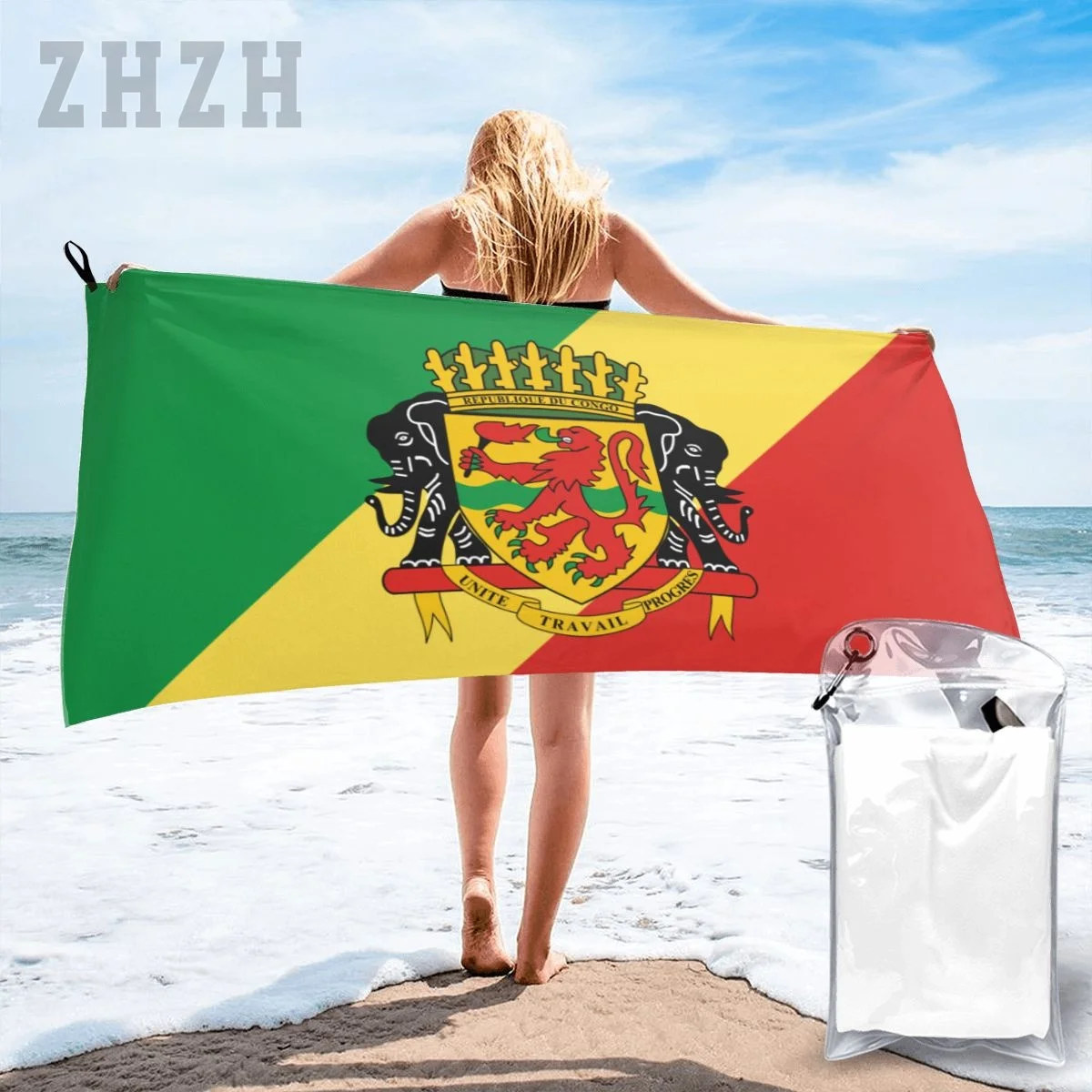 More Design Republic Of Congo Flag Emblem Bath Towel Quick dry Microfiber Absorbing Soft Water Breathable Beach Swimming