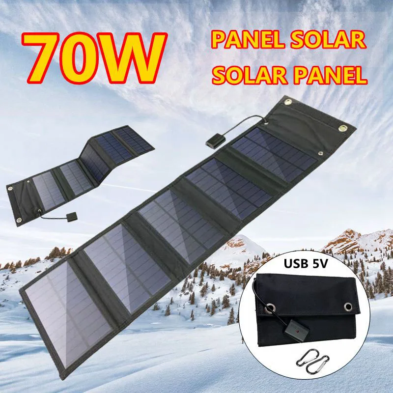 70W Foldable USB 5V Solar Panel Power Bank Portable Waterproof Solar Panel Charger Outdoor Mobile Phone Power for Camping Hiking