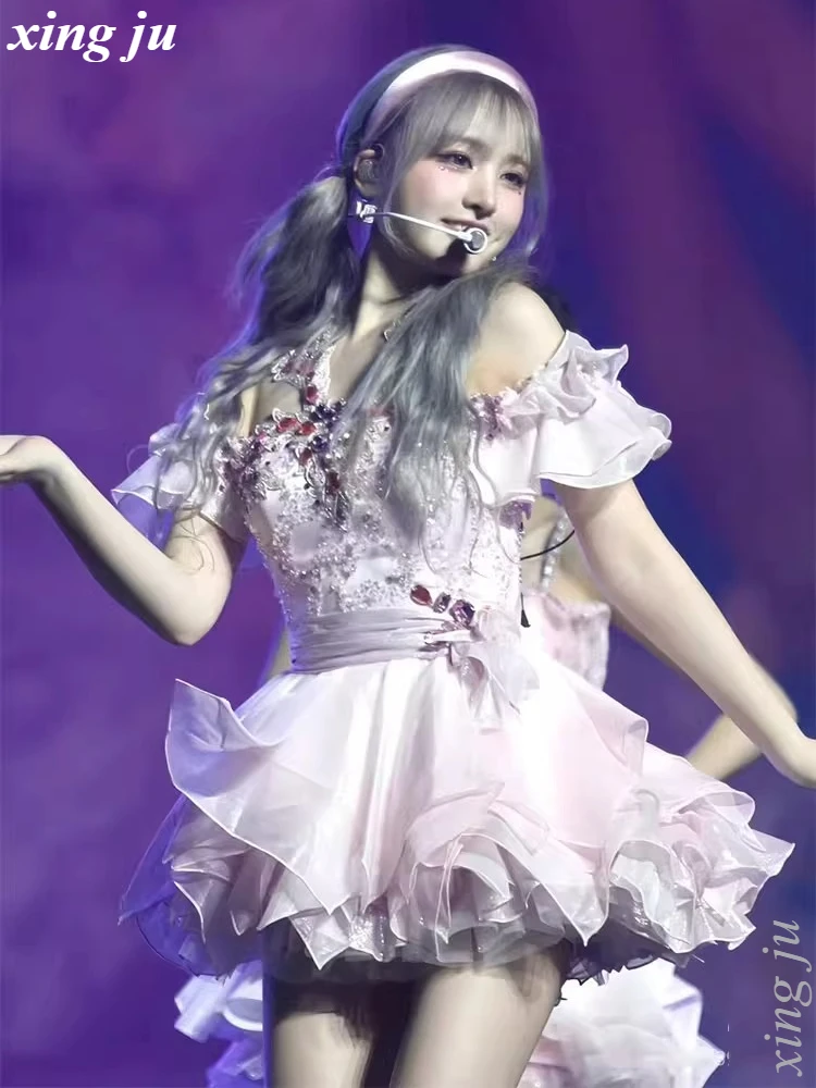 Kpop Koreaanse Groep Jazzdans Kostuums Vrouwelijke DJ Zanger Roze Strass Strapless Halter Jurk Concert Stage Performance Kleding