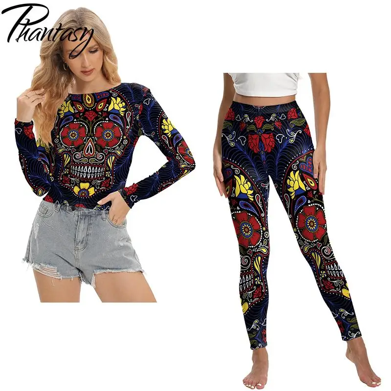 Phantasy Vintage Pants Suits Skinny Yoga Tops Leggings Women Halloween Gothic Blue Cosplay Trousers Sets Day of The Dead Costume