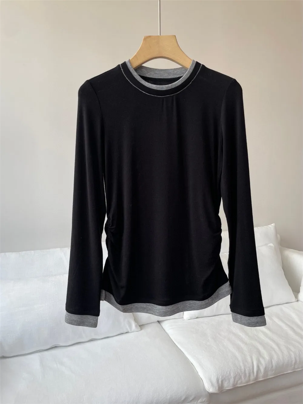 Autumn B*C Wool Tencel Fake Two-Piece Bottoming Shirt Female All-Match Long-Sleeved Pullover Top