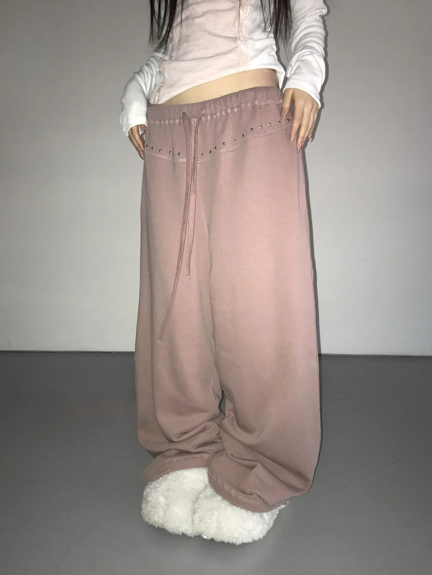 Autumn Korean New Harajuku Wide Leg Pants Rhinestone Cross Side Design Drawstring Waist Loose Fit Y2K Streetwear Casual Trousers
