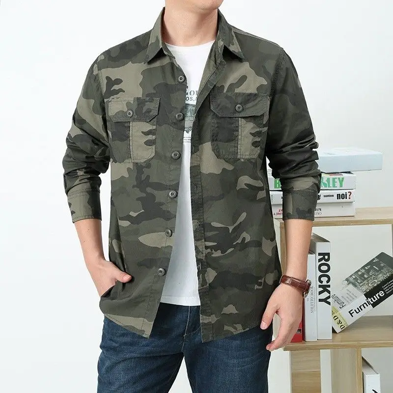 Outdoor Long Sleeve Cotton Shirt Military Tactical Jacket Lapel Button Casual Blouse Spring Autumn Shirt Streetwear Men Clothes