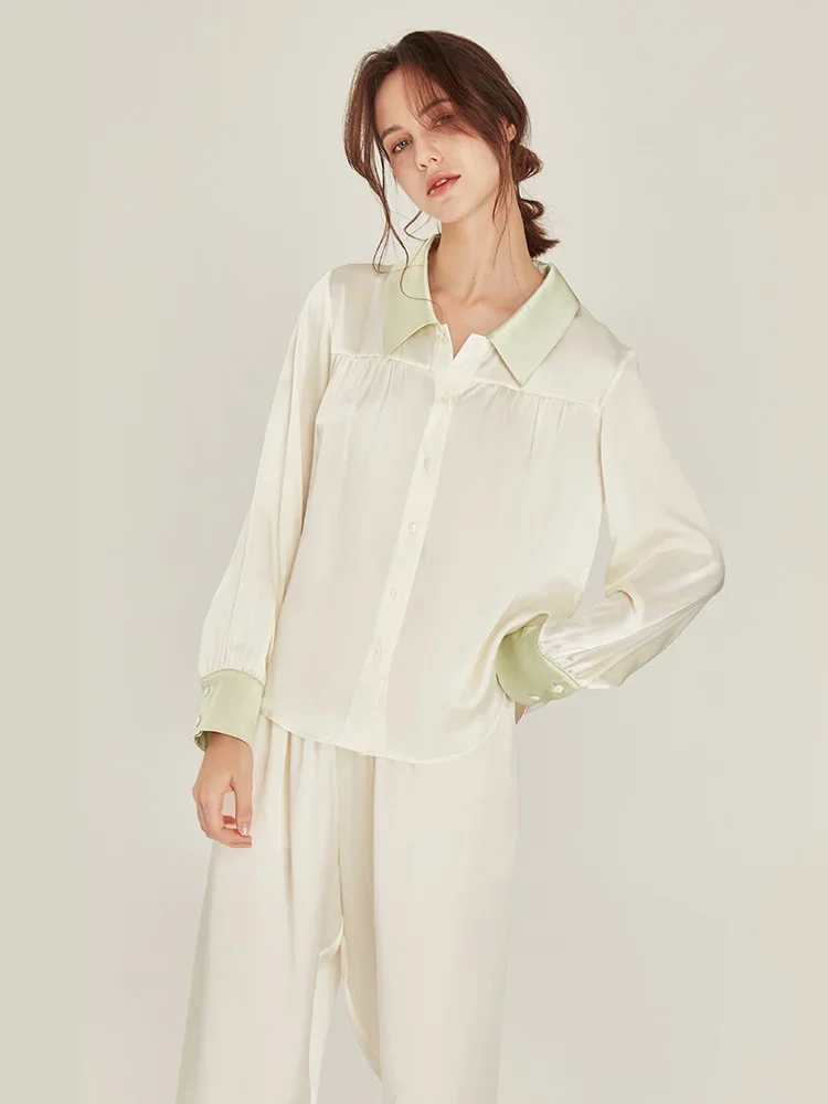

100% Mulberry Silk Women's Long Sleeve Top & Pants Pajamas Set Spring Nightwear Casual Homewear PJ Solid Color Sleepwear Pyjamas