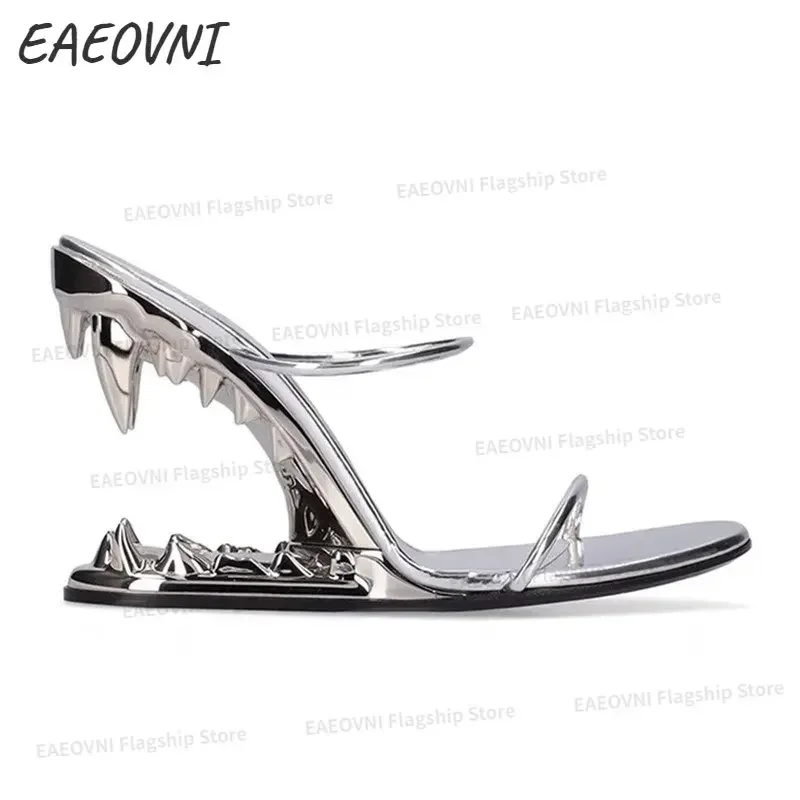 2023 European and American Summer New Fashion Metal Teeth Sandals with Profiled Heels High-heeled Runway Show Women's Sandals