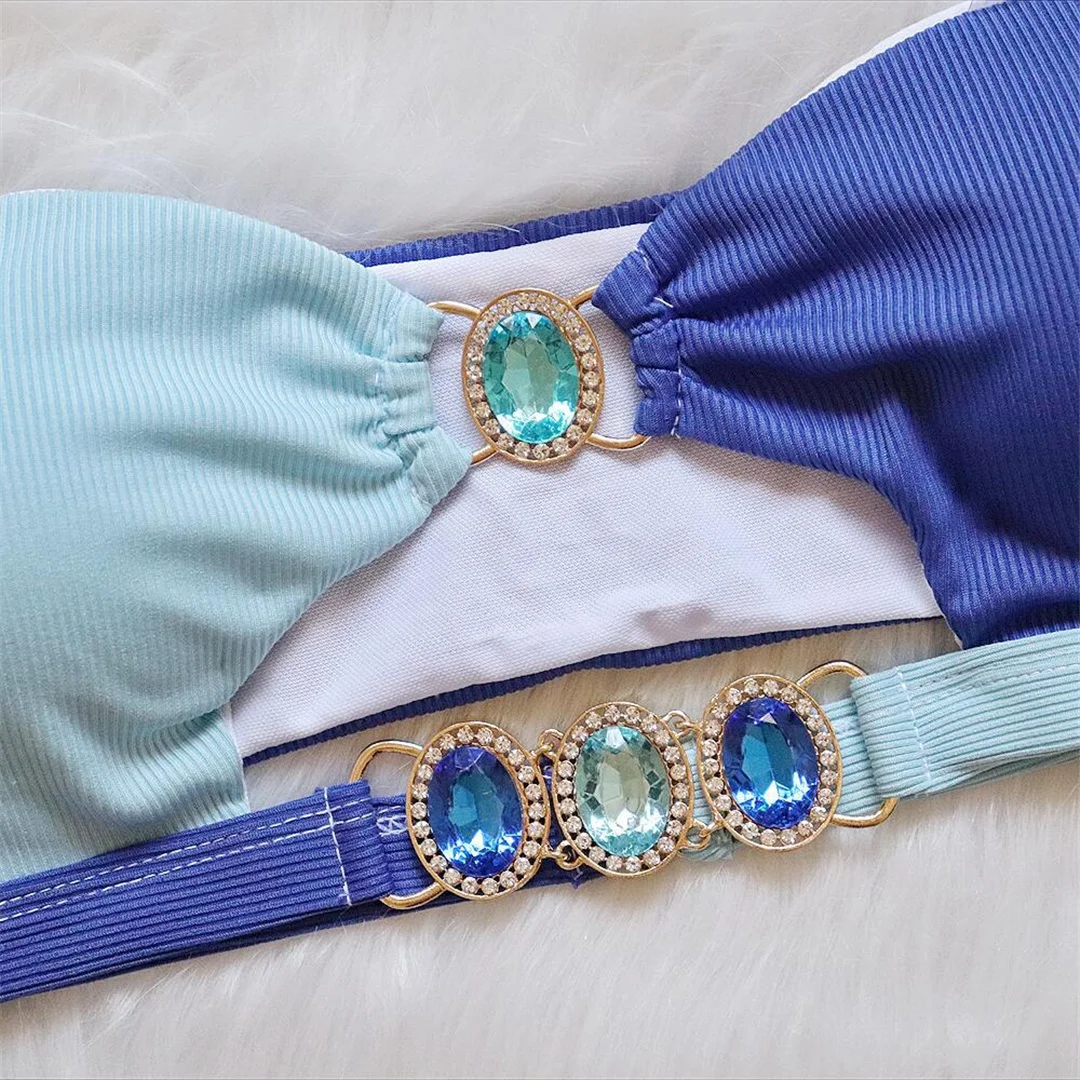 Diamant-Strass-Bikini mit Bandeau-Oberteil, Damen-Badeanzug, zweiteiliger Bikini-Set, Badebekleidung, Badeanzug, Schwimmanzug V3966 – Detail 9