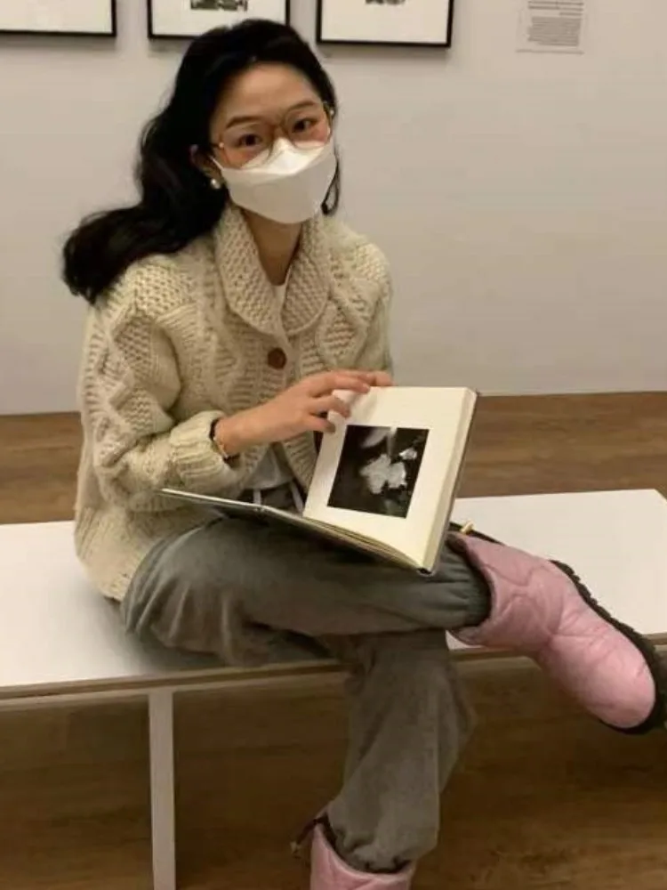 سترة نسائية طويلة الأكمام بياقة وتصميم محبوك ثقيل بطراز عتيق، مناسبة للخريف والشتاء، أسلوب الشارع العصري، ملابس خارجية عملية ...