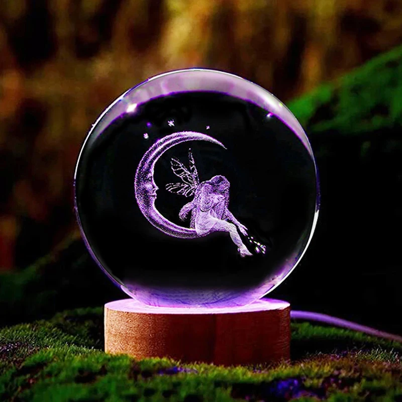 3D Moon & Fairy Laser Engraved Crystal Ball multi-coloured night light, Birthday, Christmas, Valentine\'s Day Gift for Girlfriend