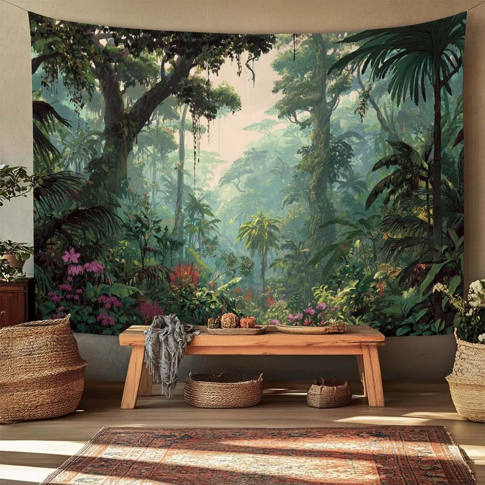 Tapiz gran 1 peça selva y floresta - Colgante pared bohemio psicodélico selva con paisaje ver, arte naturalez