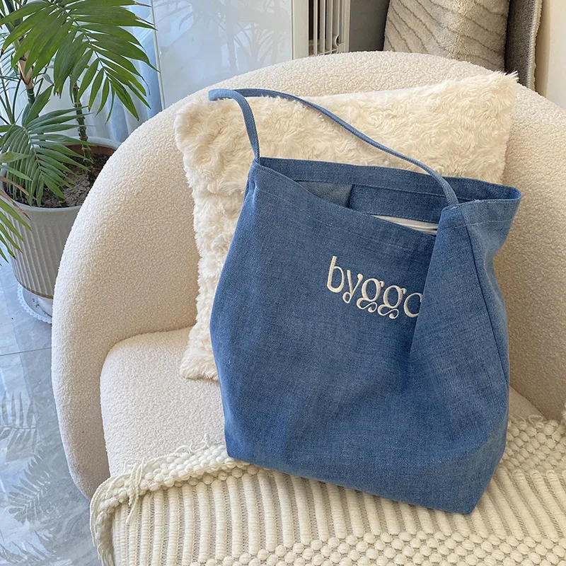 Original Design Fashion Tote Cloth Bag Women 2024 New Double-sided Denim One-shoulder Student Bag With Everything