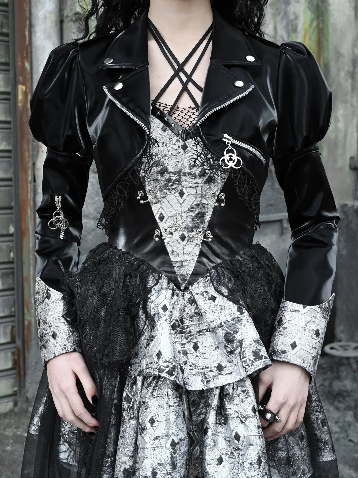 Bloedtoevoer Originele Punk Pu Bladerdeeg Lange Mouw Motorfiets Lederen Jas Pu Zwart Vest Goth Jassen Vrouwen Outfit Lente