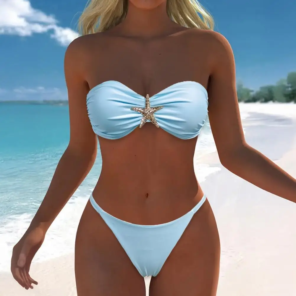 Removable Padding Bikini 2026 Women Bikini Set Bandeau Padded Starfish Decor Bra Swimming Briefs Set Quick Drying Swimsuit