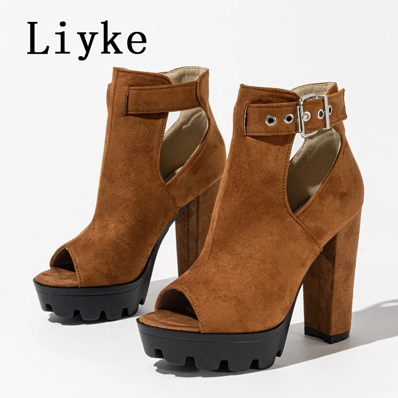 Liyke Punk Style Peep Toe Cool Riding Platform Boots Sandals Female Fashion Buckle Strap Thick High Heels Women Shoes Booties