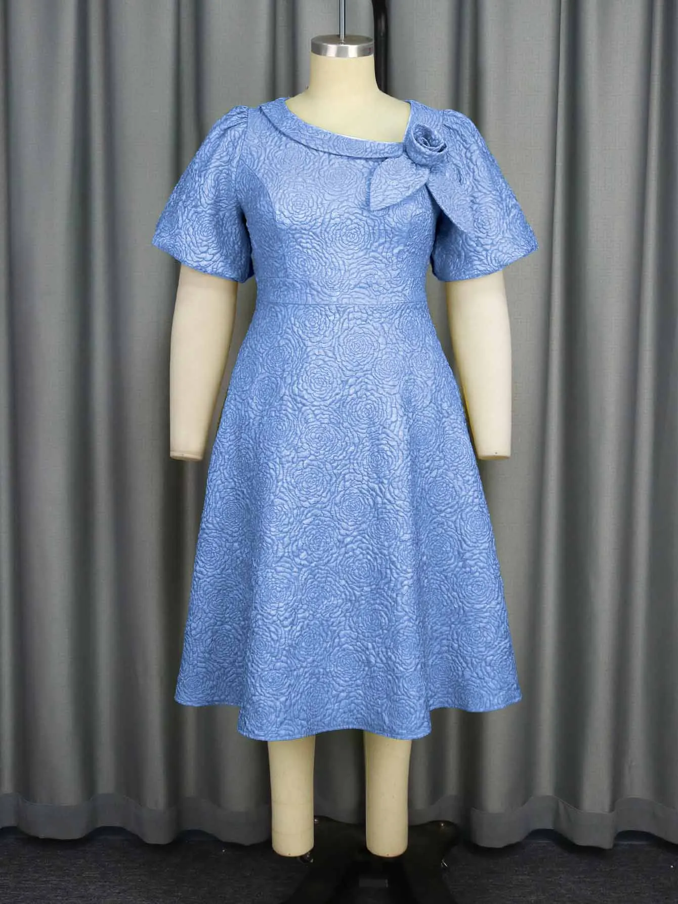 Übergröße Jacquard Midi-Kleid Damen Puffärmel 3D Blumenmuster Schleifenkragen A-Linien-Kleid Afrikanisches Elegantes Hochzeits- und Partykleid – Detail 11