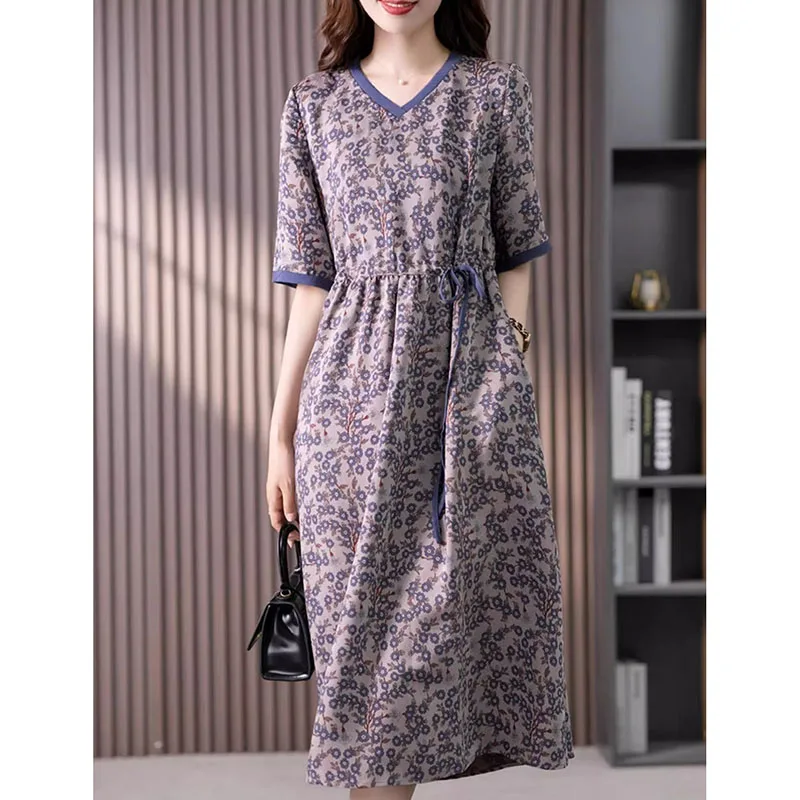 

Elegant V-Neck Shirring Bandage Pockets Printed Vintage Dress Women's Clothing Summer New Loose Office Lady Floral Dresses