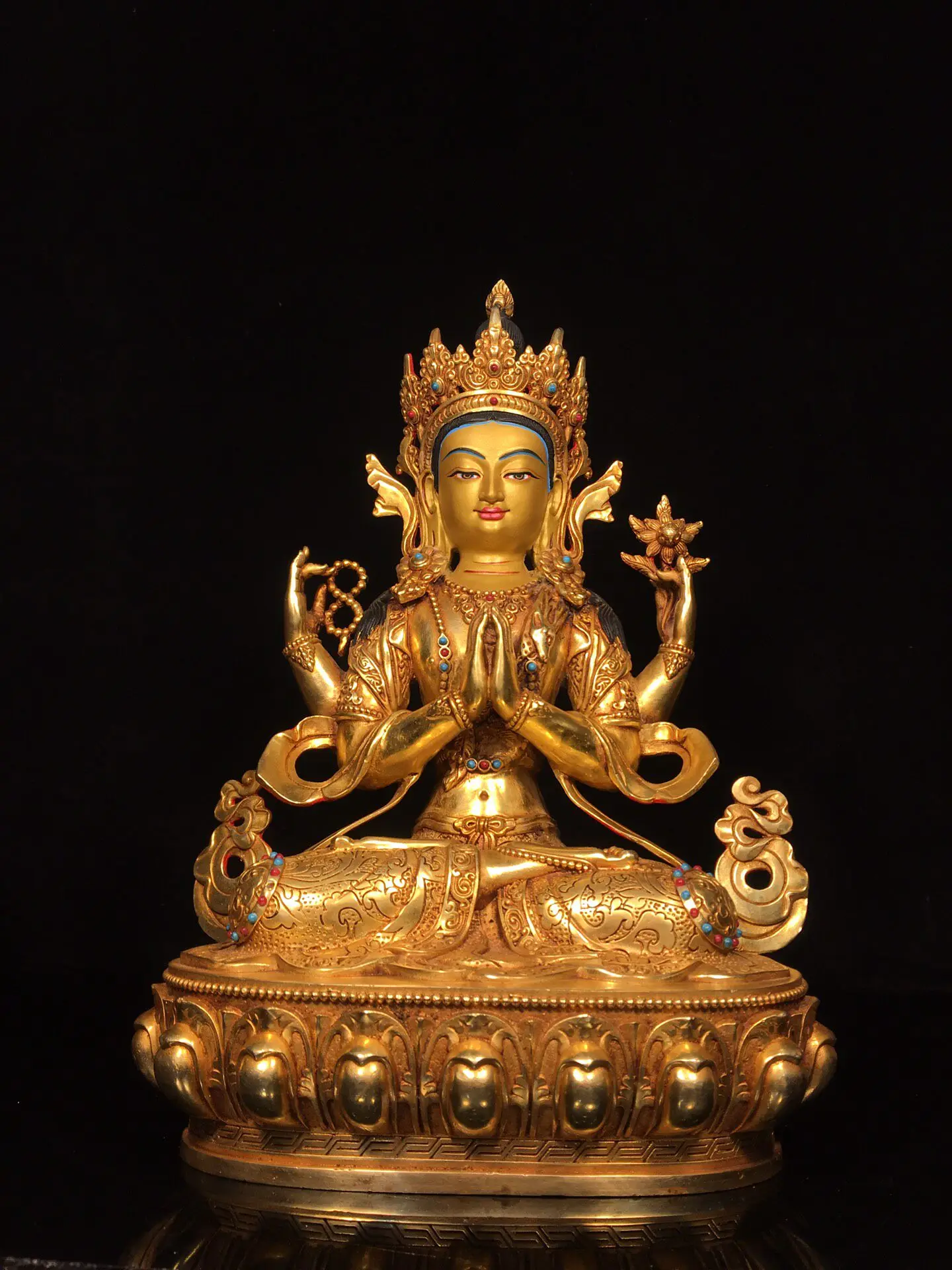 Tibetan brass gilt painted face four arms Buddha statue ornament Home Furnishing Hall desktop incense case supplies 32cm