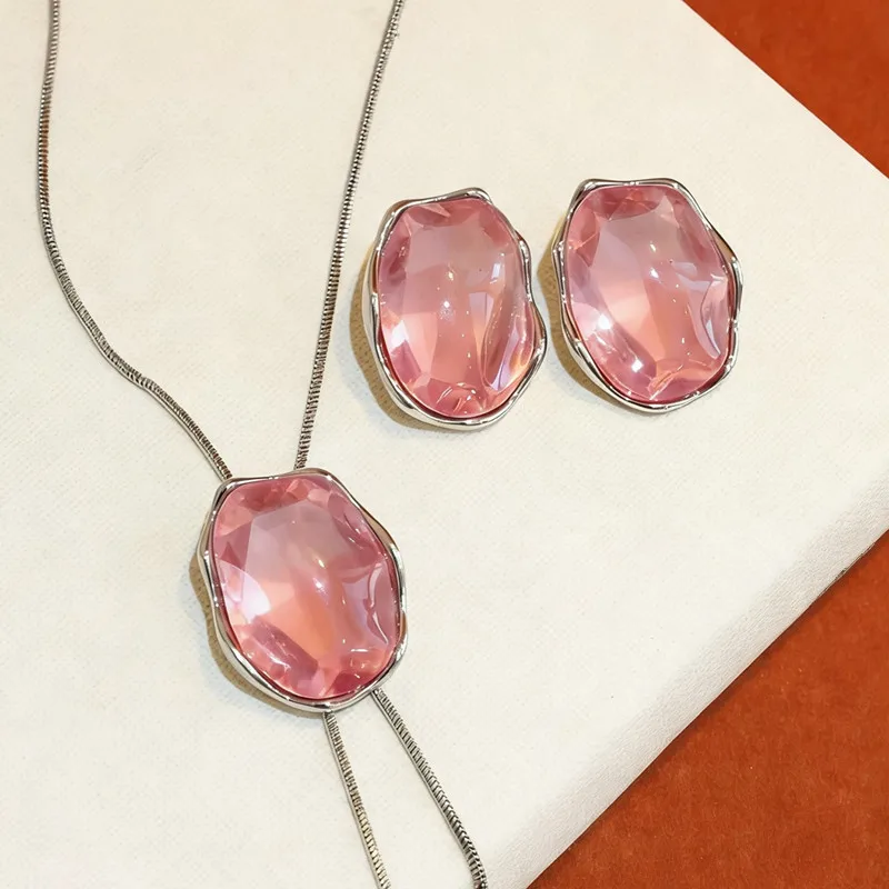 

Luxury Pink Irregular Geometric Long Necklace And Earrings For Women Creative New Spring Summer Jewelry Set
