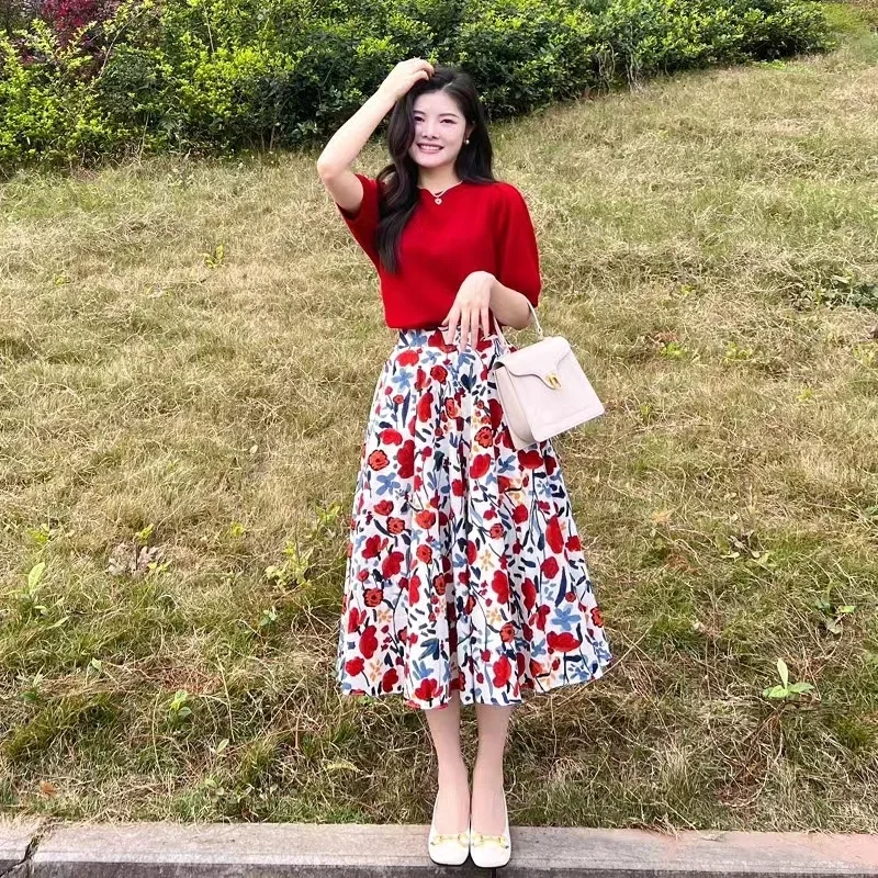 Summer Elegant Flower Skirts / Suspender Dress New Vintage  Floral Printing Women Big Skirt Hemline A-line Umbrella Skirts Dress