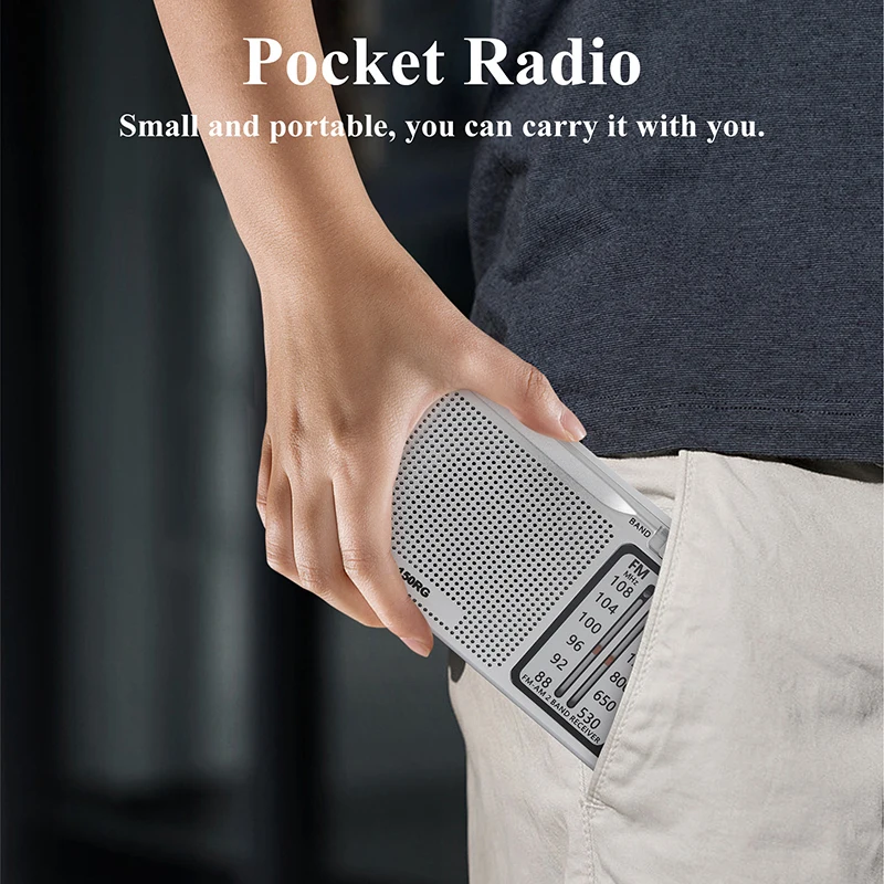 R-150RG Radio AM/FM portátil con altavoz, conector para auriculares, Radio de uso de emergencia de larga duración, funciona con batería, para correr en casa y caminar