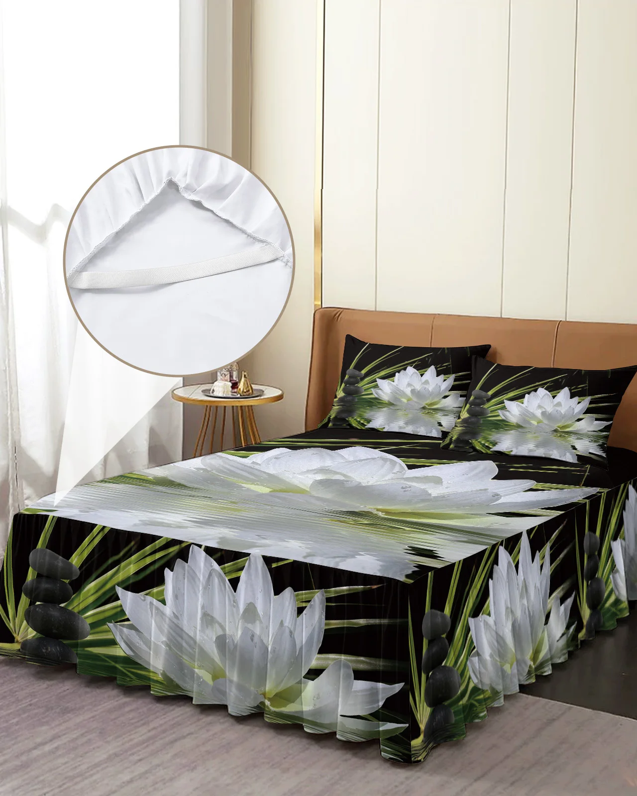 White Lotus And Black Zen Stones Bed Skirt Elastic Fitted Bedspread With Pillowcases Mattress Cover Bedding Set Bed Sheet