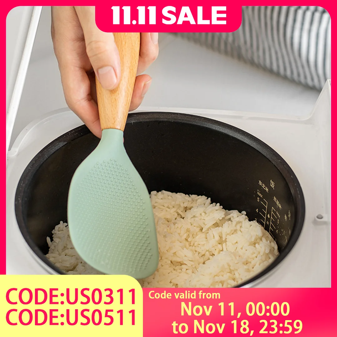 Cuchara de arroz de silicona con mango de madera, resistente al calor, antiescaldaduras, sin olores, para el hogar y los restaurantes