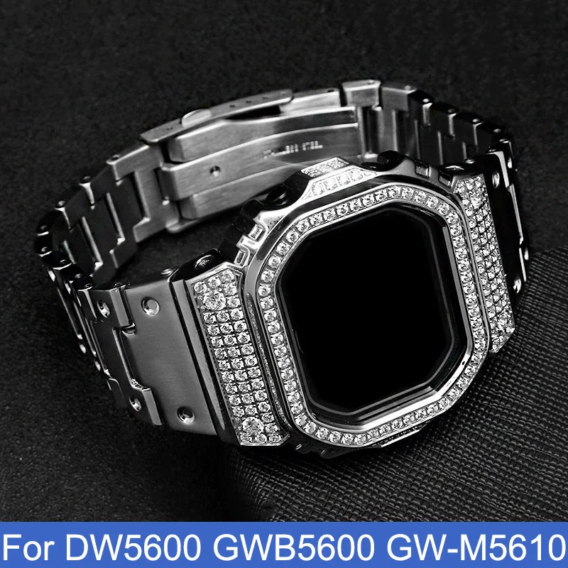 Diamond watch strap set for CASIO DW-5600E GW-B5600 DW-5600BB/5600HR DW-5700/5735/5750 GWX-5600 silver gold watchband case kit