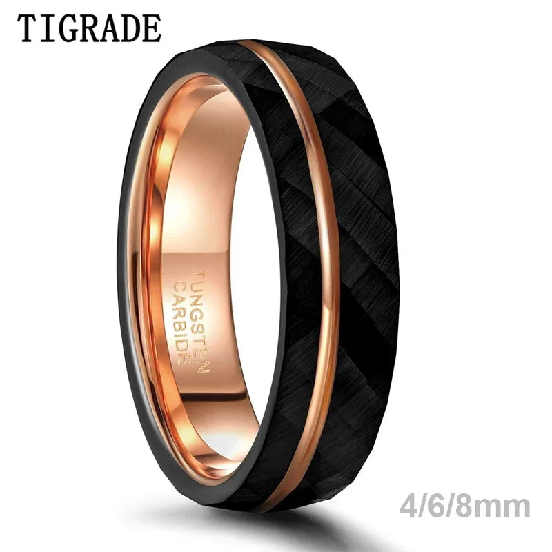 Tigrade 4mm 6mm 8mm Czarne pierścionki wolframowe dla mężczyzn Kobiety Cienki różowo-złoty rowek Młotkowany pierścionek zaręczynowy Komfortowy rozmiar 5-14