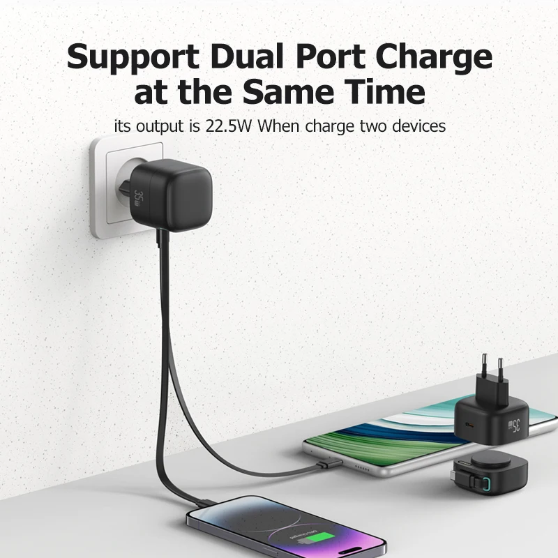 USAMS Magnetic USB GaN Charger 35W Type C PD Fast Phone Charger EU US UK Plug Built Quick Charge Cable for iPhone Xiaomi Samsung