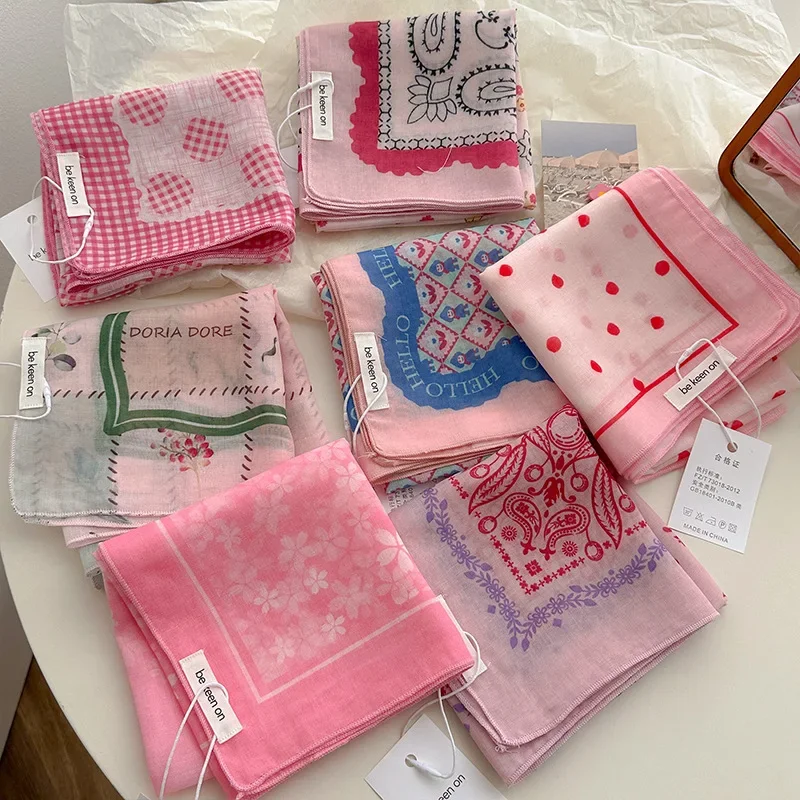 Fresh Breathable Women's Soft Artistic Decoration Small Scarfs Japanese Retro Versatile Floral Cotton Linen Small Square Scarfs