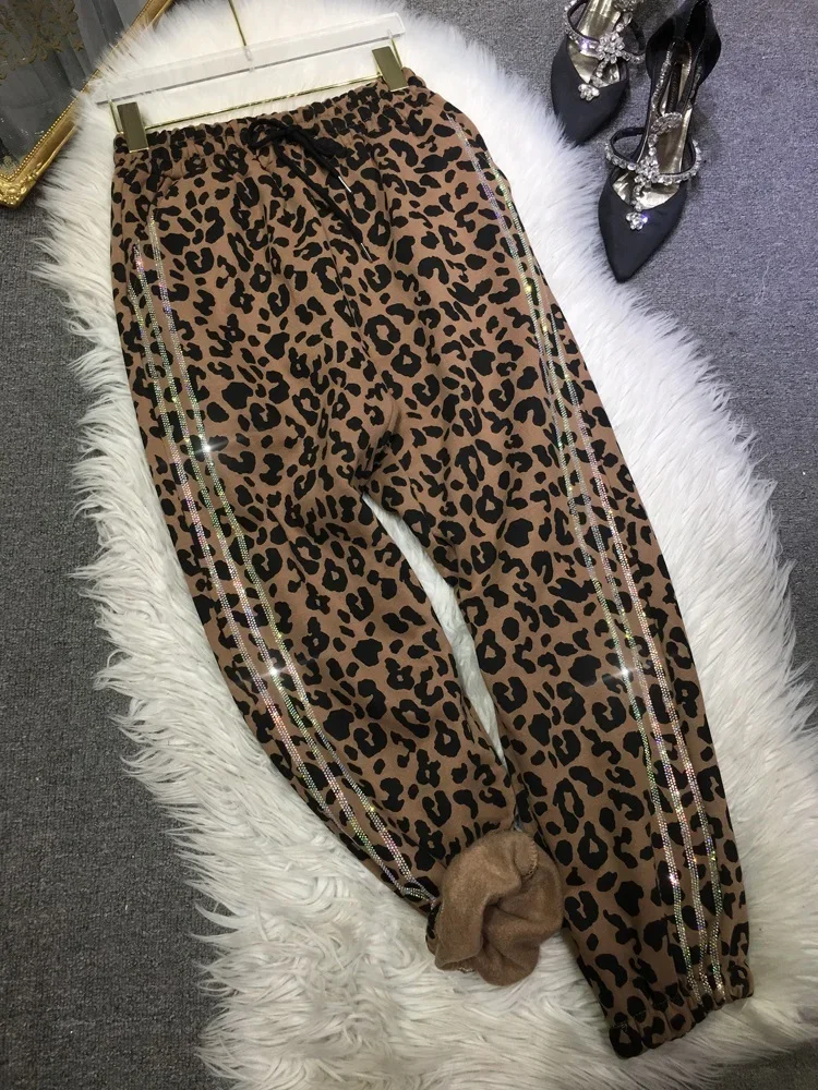 Side Vertical Drill Diamonds Women Sweatpants Spring Autumn Winter Elastiic Waist Casual Trousers Thicken Fleece Leopard Pants