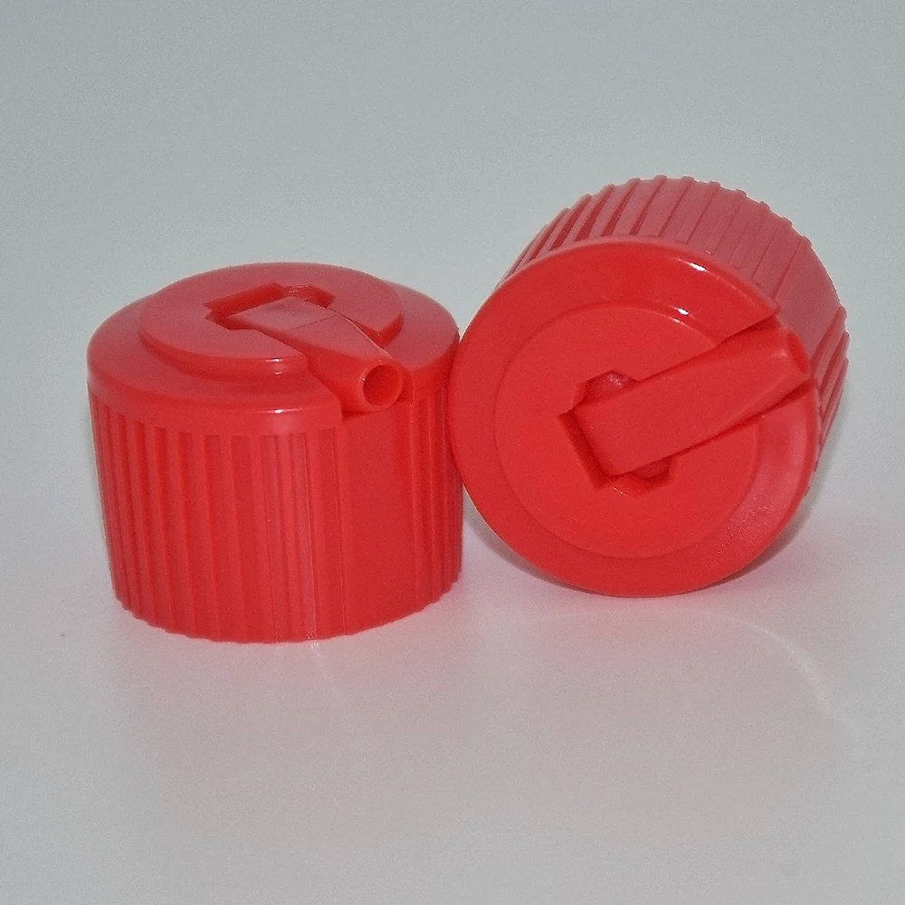 25 pz/lotto 24-410 coperchio a forma di torretta, tappo per bottiglia chimica quotidiana, tappi di plastica in stock, tappi di bottiglia rossi