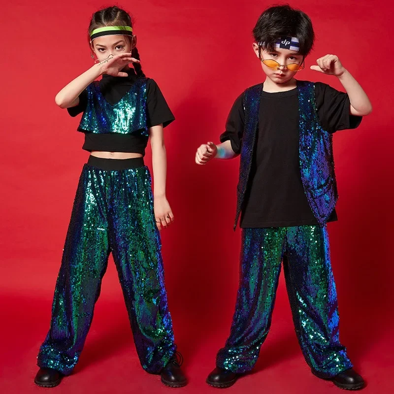 Meisje Sequin Crop Tank Top Hip Hop Jongens Groen Vest Jas Kinderen Jazz Glanzende Broek Kleding Set Kind Street Dance Toneelkostuum