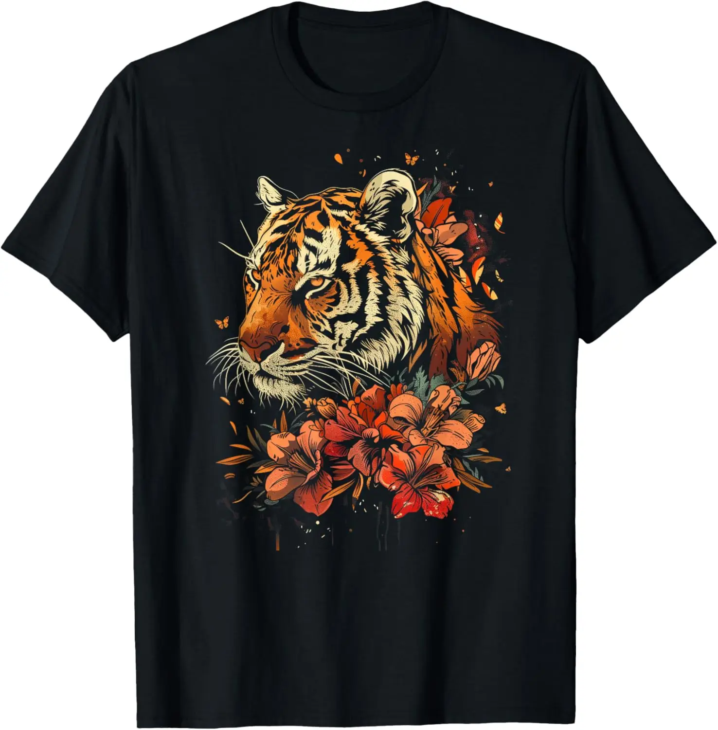 

Tiger Face Orange Red Flowers Lilies Black Tee Women Kids T-Shirt