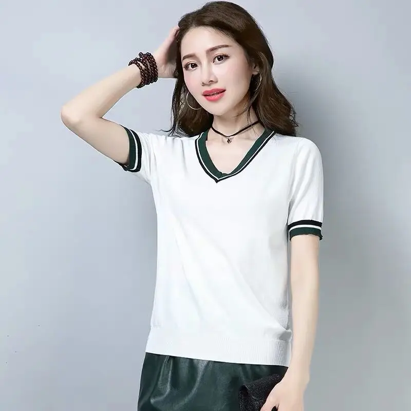 

Summer New Short Sleeve Knitting Contrast T Shirts Loose Ice Silk V Neck Solid All-match Tops Tees Fashion Casual Women Clothing