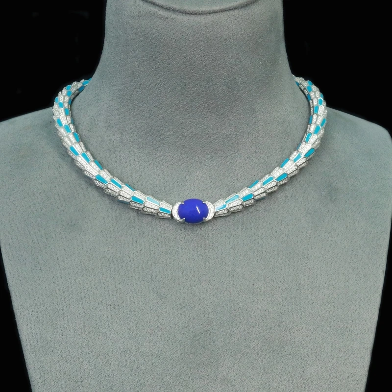 

BELLUX 925 Silver Gold Plated Synthetic Zircon 5.1ct Oval Lapis Stone Snake Bone Banquet Fine Jewelry Necklace