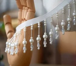 0.5m Pearl Fringe Drop zroszona koronka do wykańczania ubranie Tassel koronkowy wystrój buty ozdoby błyszczące wiszące koraliki kurtyna do szycia