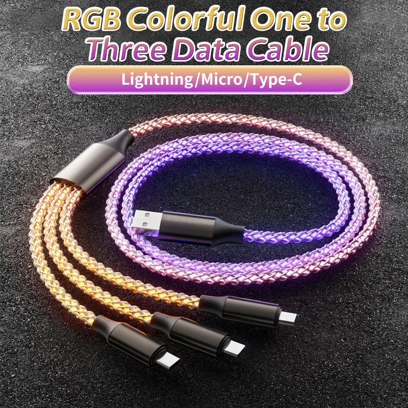 3 IN 1 120W Fast Charging Cable RGB Light USB Type C Micro Data Cords For IPhone Huawei Xiaomi One Drag Three Charging Wires