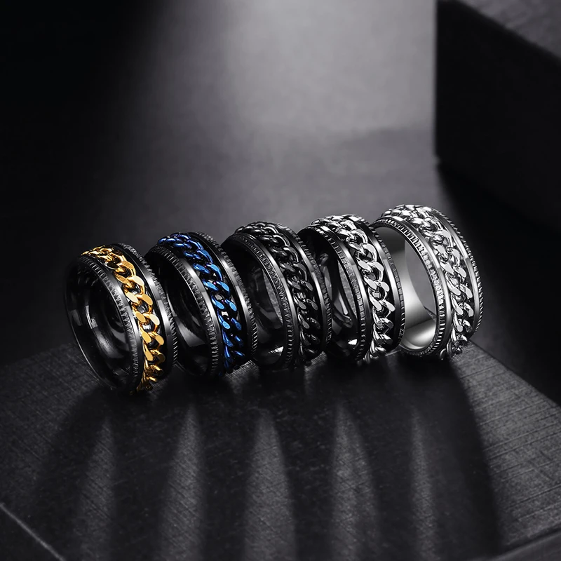 Anxiety Fidget Rings For Men Spining Titanium Stainless Steel Colorfully Spinner Rotatable Chain Jewelry Rotating Rings Men Gift