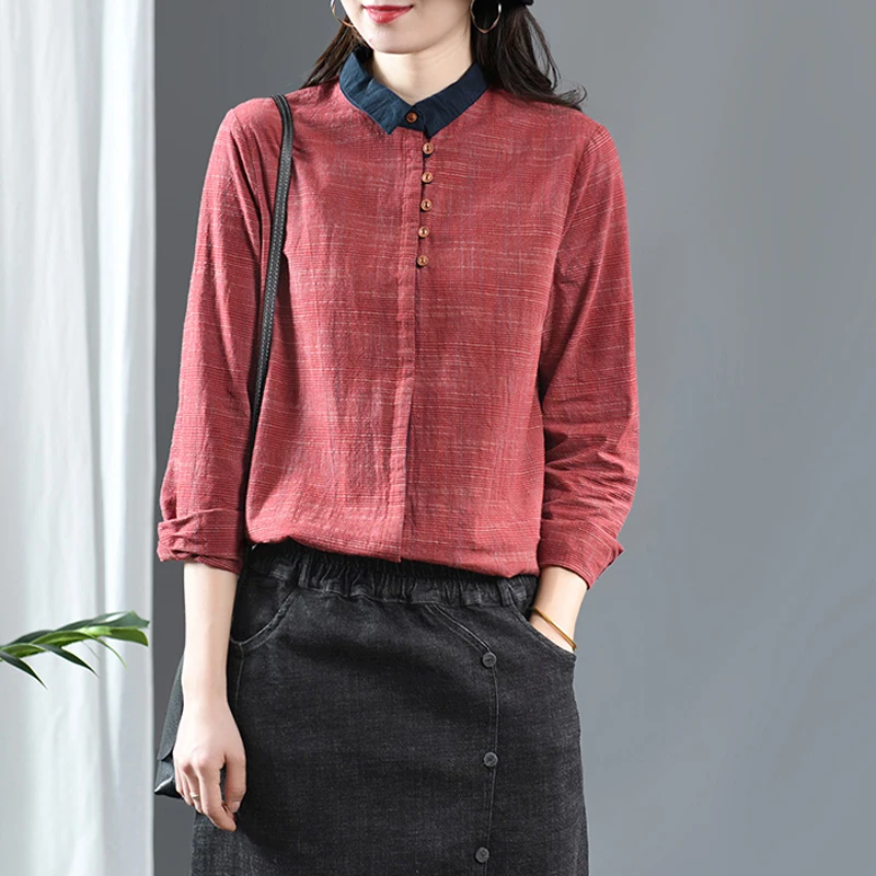 

Свободная женская рубашка из хлопка и льна с длинным рукавом, повседневная, с отложным воротником, в корейском стиле, весна-осень