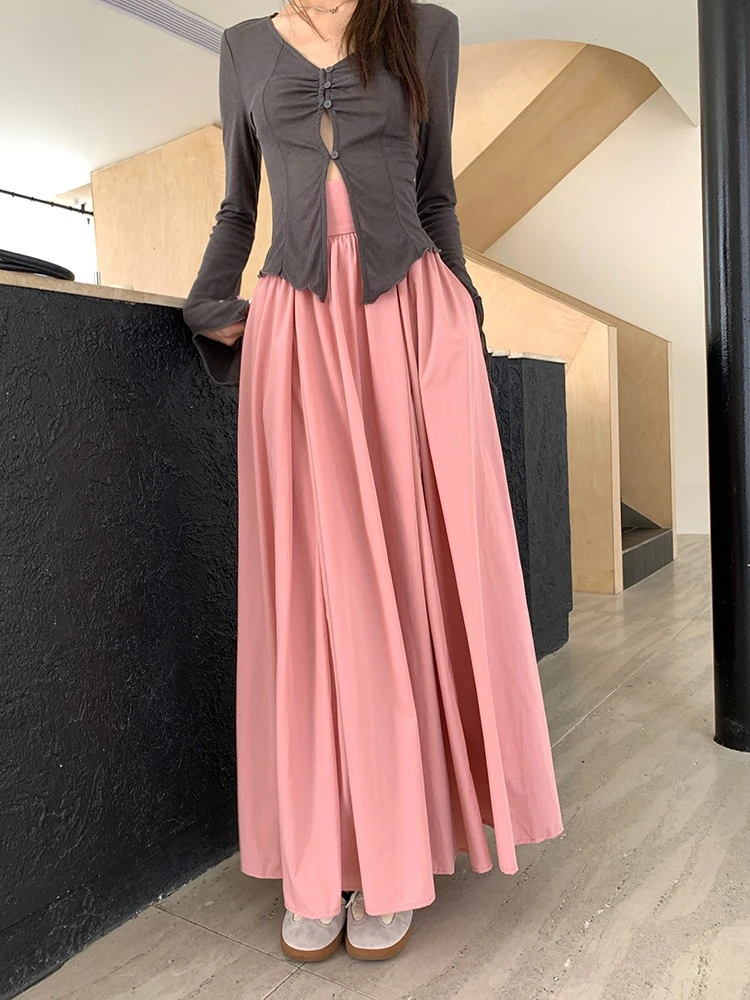 2026 Autumn Casual Fashion Long Skirt Pink High Waist Heavy Fabric Swing Women Maxi Skirt Floor Length Umbrella Skirts