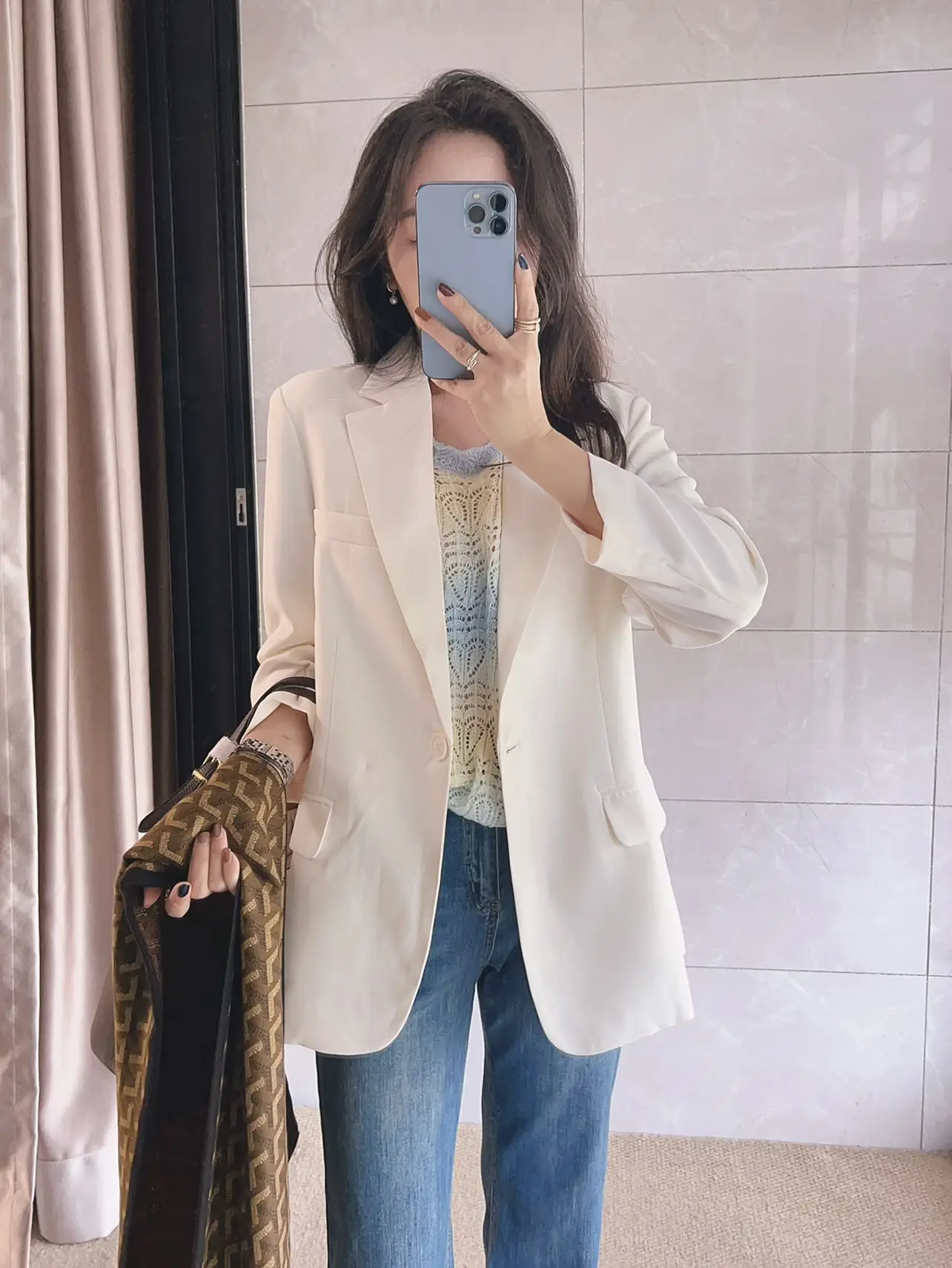 

Elegant White Tailored Jacket Commute Ready Mid-Length Slimming Outerwear for Women Silk Fabric Long Sleeve One Button