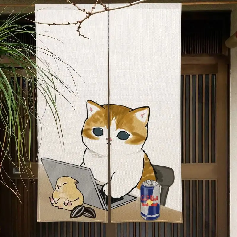 VIKAMA Short Rod Pocket Door Curtain Japanese Cartoon Eating Cat Food Print Kitchen Bedroom Entryway Room Divider Decor