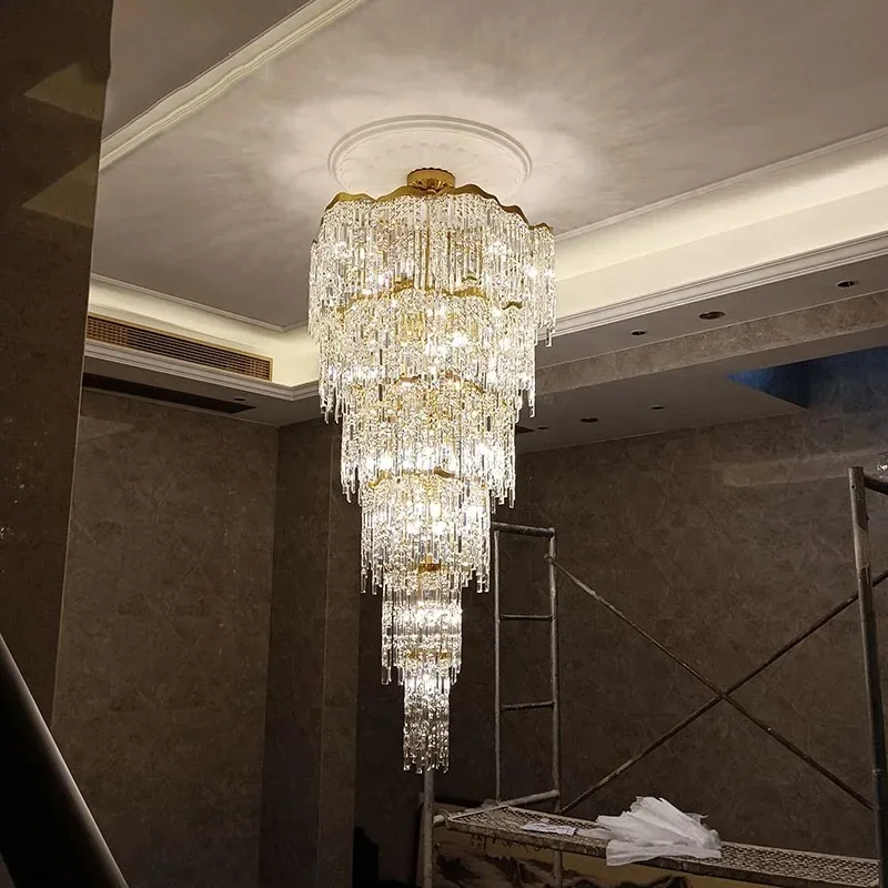 Luxury Shining Crystal Long Chandelier for Staircase High Ceiling Villa Hall Stylish Hollow Chandelier for Duplex Living Room