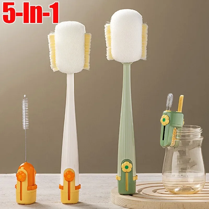 5-In-1 Detachable Water Cup Cleaning Brush Multi-Functional Insulated Thermal Cup Brush Household Long Handle Straw Nipple Brush