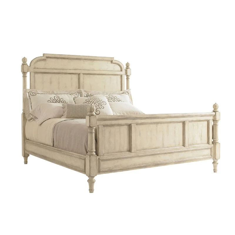 ^American Style Rustic Oak Solid Wood Double Bed 1.5m-1.8m French Vintage Ivory White Distressed Customizable Wedding Bed